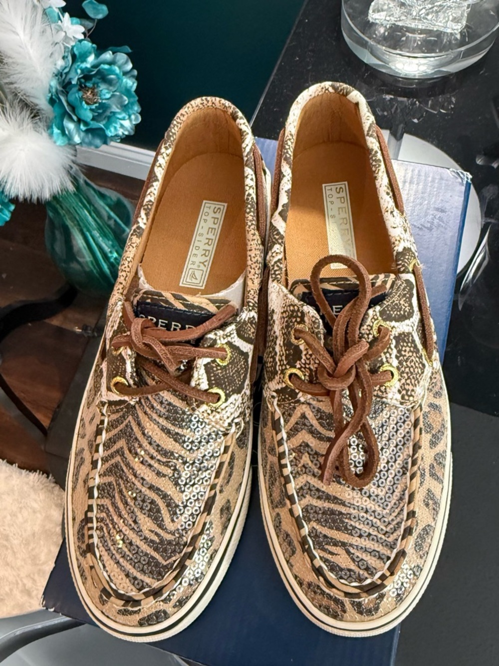 Sperry Women's Sequin Animal Print Boat Shoes - Brown/Tan